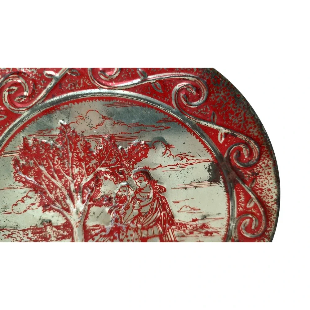 Vintage Embossed‎ Tin Sweets Romantic Couple Red Gold Round Seven Inch Tin SEE